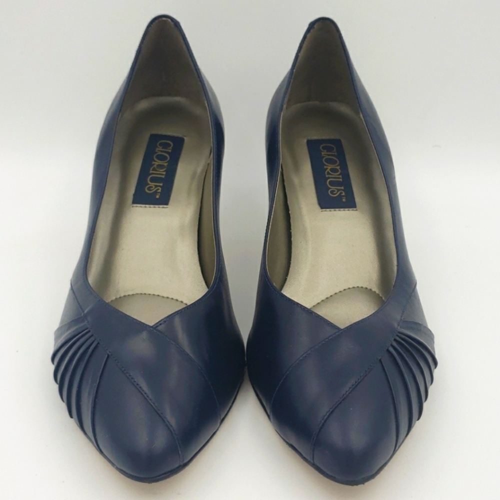 GLORIOUS Blue Ruched Leather Heels Pump Shoe